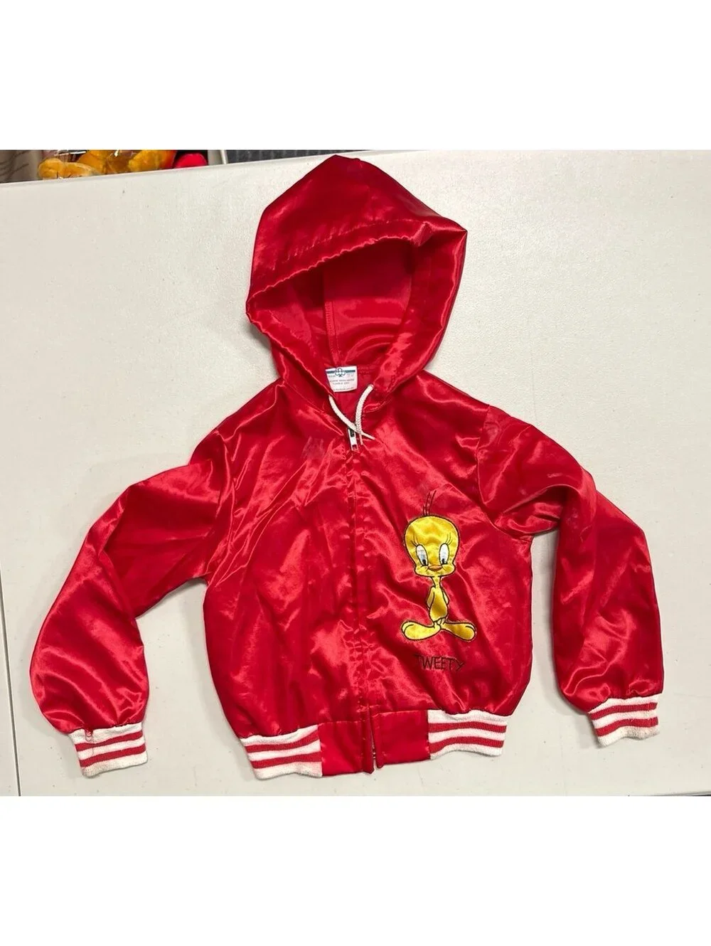 Vtg Sears Tweety Bird Kids Satin Bomber Hoodie Jacket Looney Tunes Red Sz 7-8 S